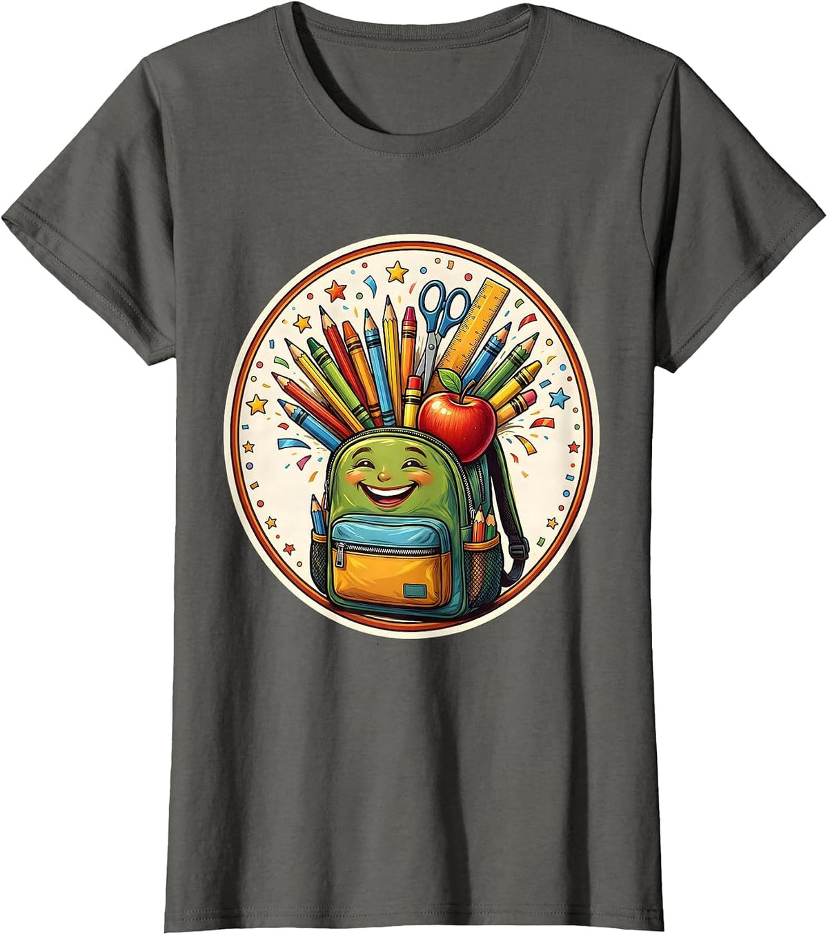 Women's First Grade Teacher Backpack School Supplies Graphic T-Shirt - Asphalt Grey