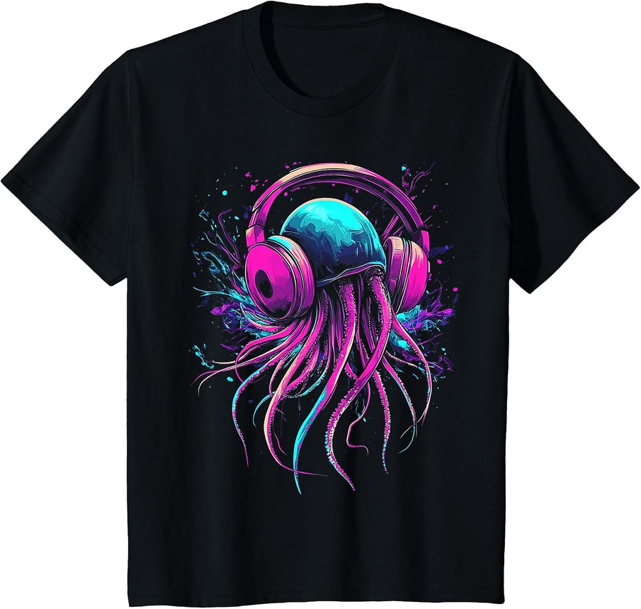 Jellyfish Animal Graphic Music Headphone Art Jellyfish T-Shirt - Black