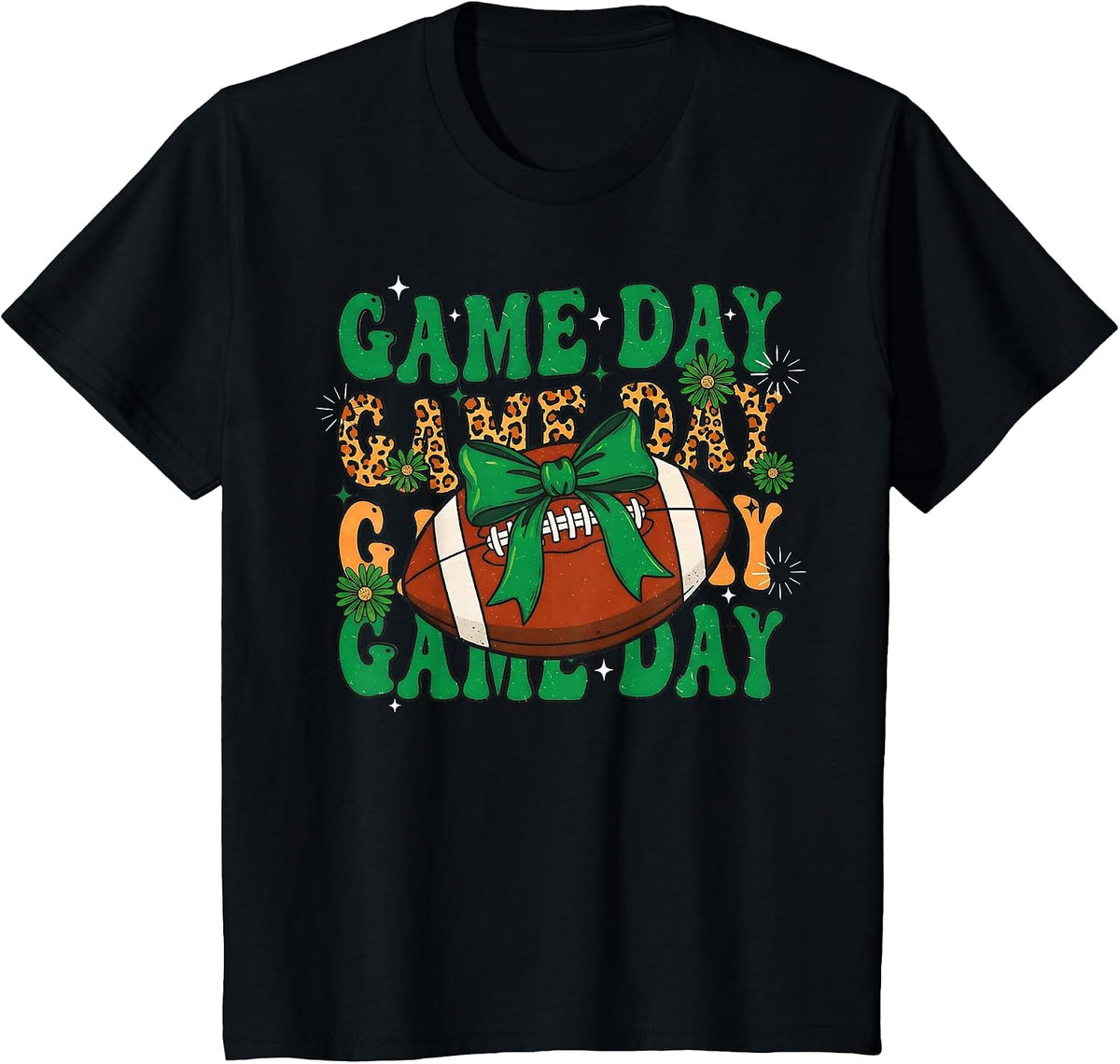 Green Leopard Game Day Football Bow Touchdown Season T-Shirt - Black