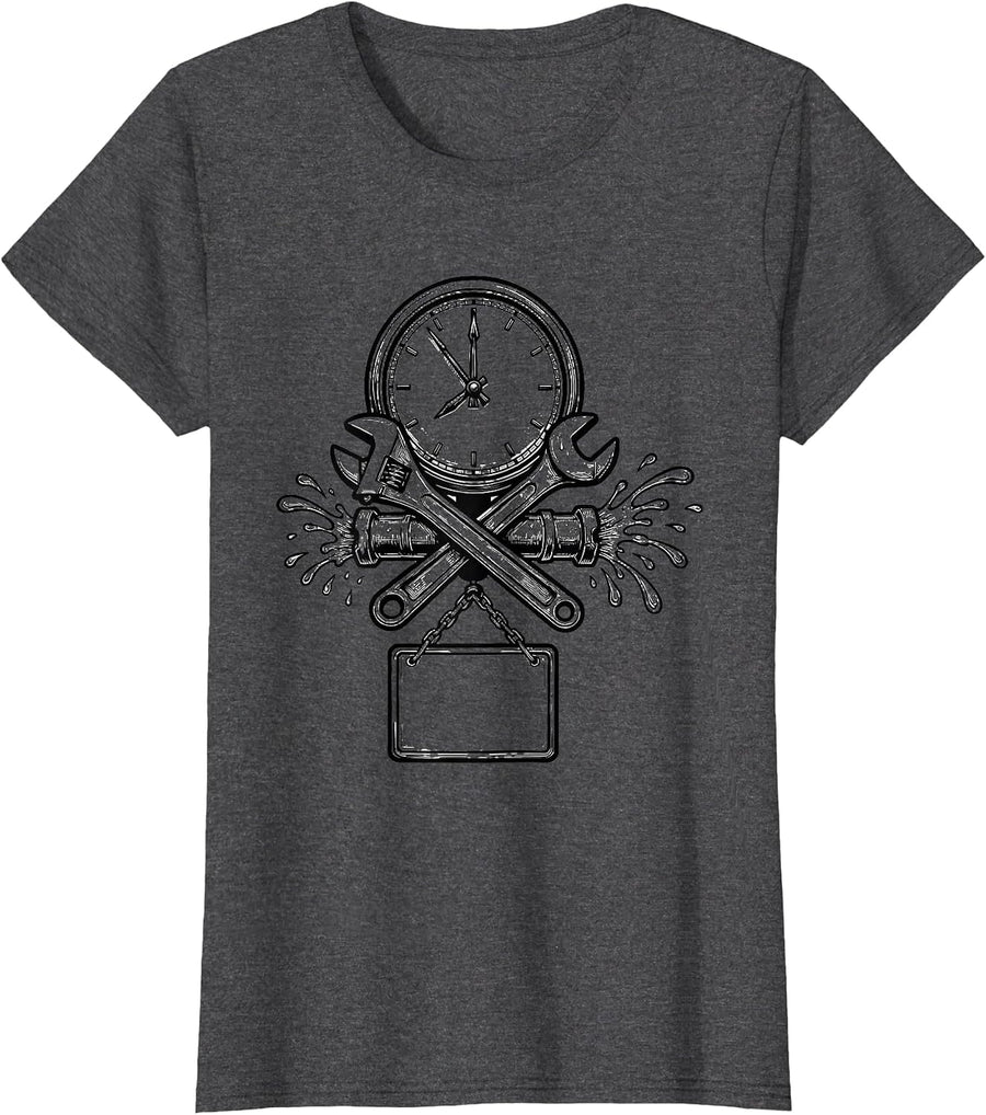 Women's Late Night Plumber Shop Clock Funny Pipefitter Humor T-Shirt - Dark Heather Grey