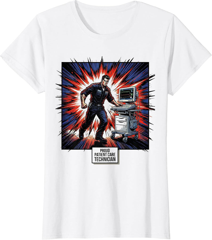 Women's Proud Patient Care Technician Comic Book PCT Workwear T-Shirt - White