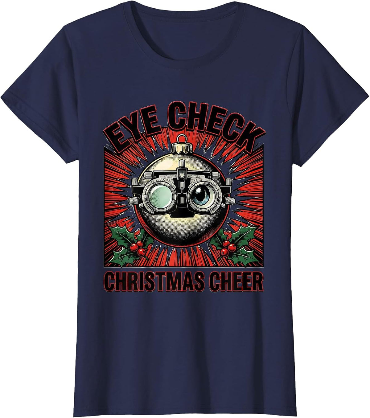 Women's Eye Check Christmas Cheer Comic Book Optometrist Eye Exam T-Shirt - Navy Blue