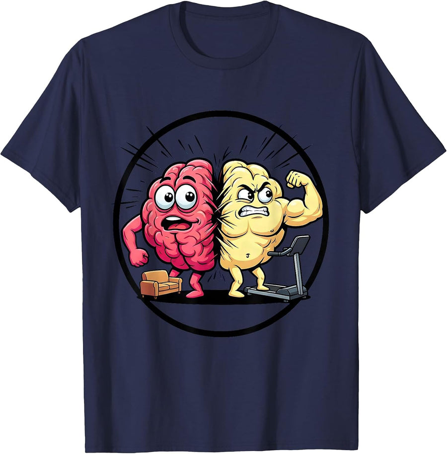 Brain vs Couch Funny Lazy Day Graphic Tee T-Shirt - Navy Blue