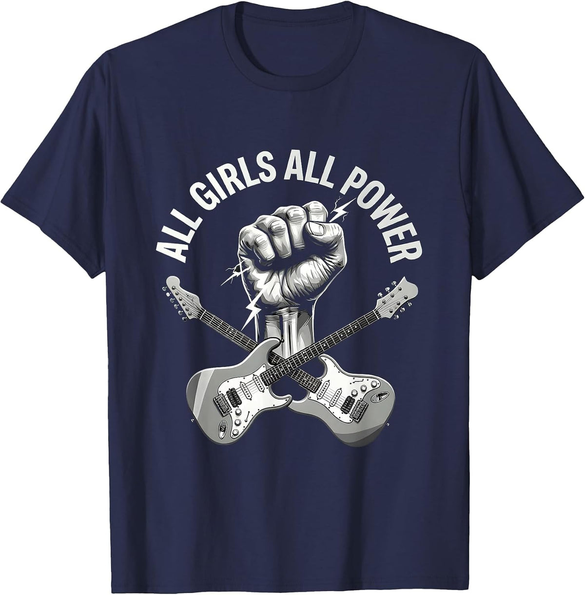 All Girls All Power Rock Band Graphic Design T-Shirt - Navy Blue