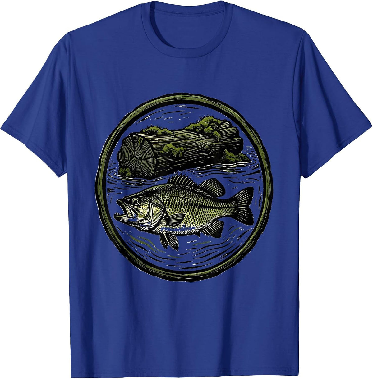 Bass Under Mossy Log Fishing Graphic Tee T-Shirt - Royal Blue
