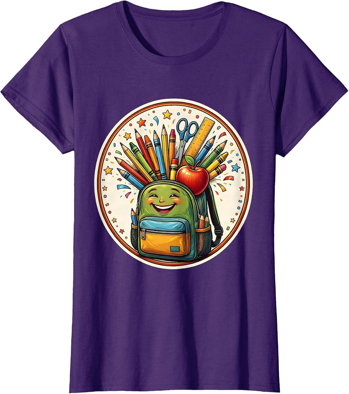 Women's First Grade Teacher Backpack School Supplies Graphic T-Shirt - Purple