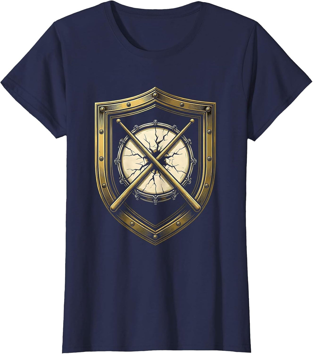 Women's Crossed Drumsticks Cracked Drum Rock Music Graphic T-Shirt - Navy Blue