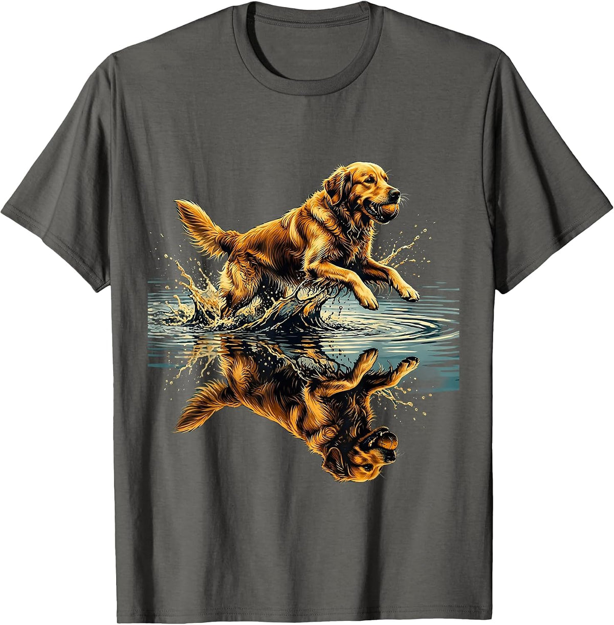 Golden Retriever Fetching Tennis Ball in River T-Shirt - Asphalt Grey