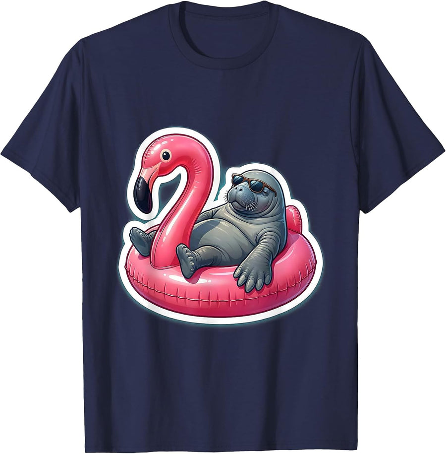 Manatee on Flamingo Float Funny Lounging Design T-Shirt - Navy Blue