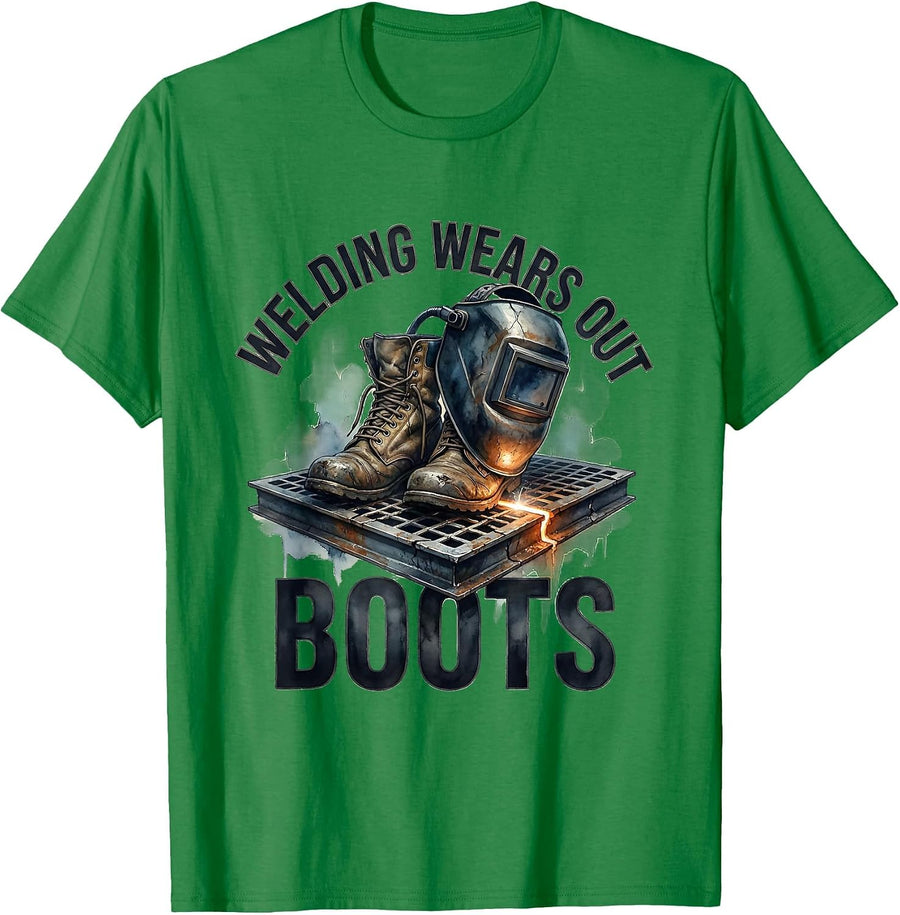 Men's Welding Wears Out Boots Funny Welder Skeleton Humor T-Shirt - Kelly Green