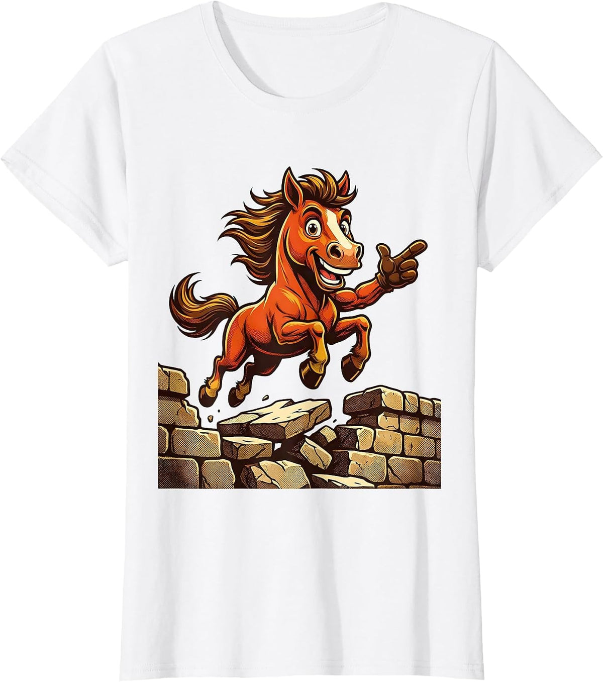 Horse Leaping Over Crumbling Stone Wall T-Shirt - White