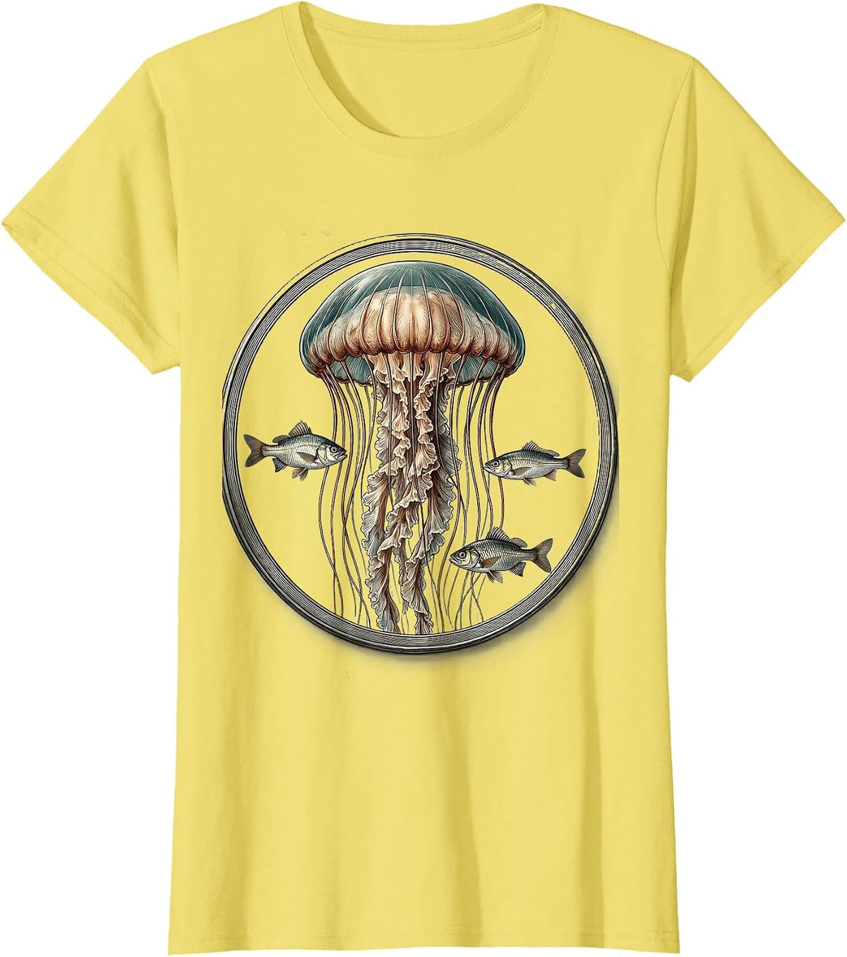 Glowing Jellyfish and Tiny Fish Ocean Design T-Shirt - Lemon Yellow