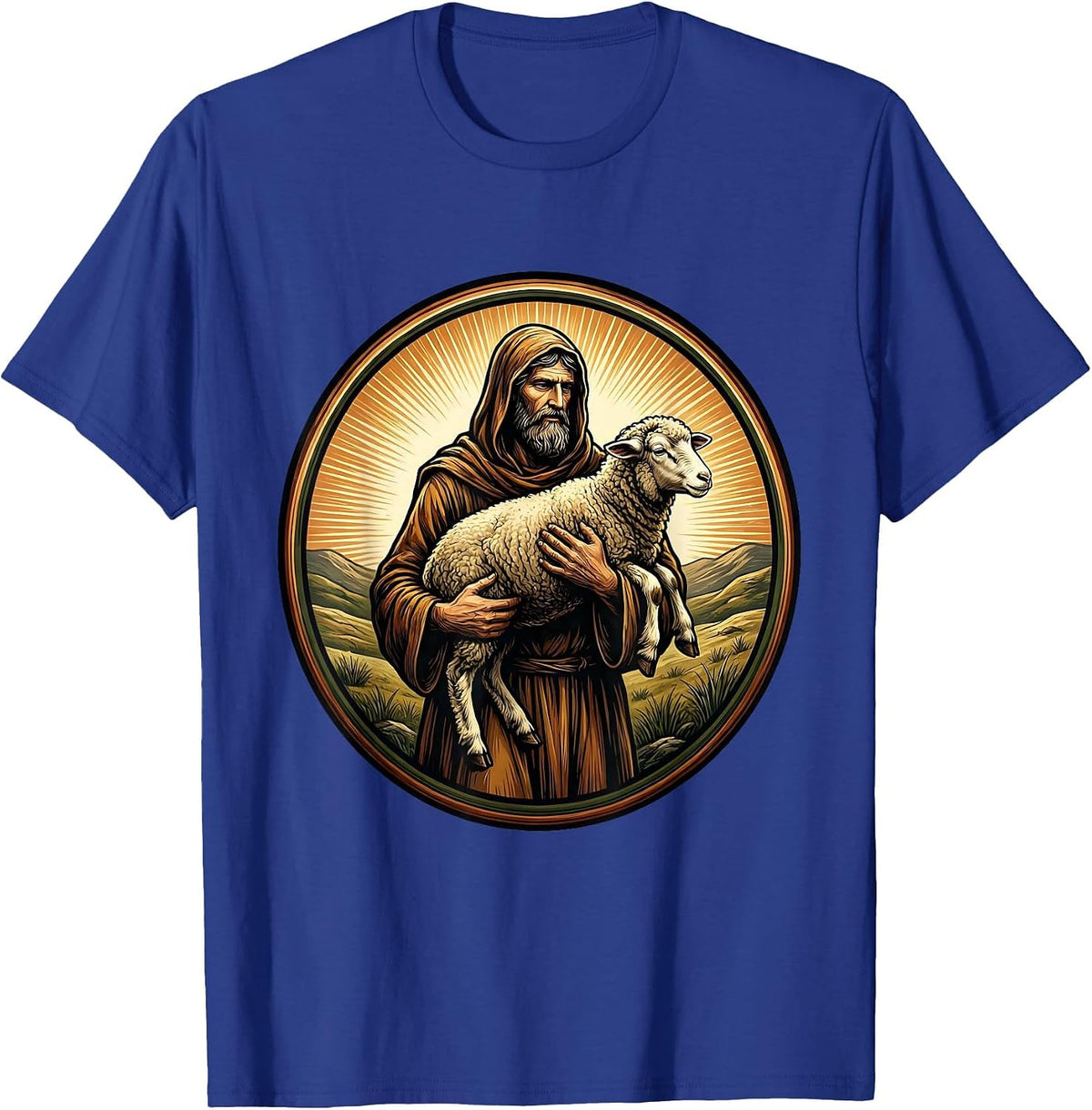 Shepherd Carrying Lost Sheep Christian Graphic T-Shirt - Royal Blue
