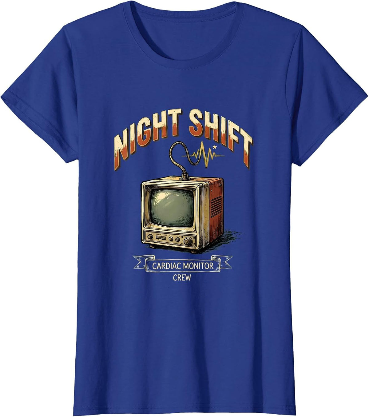 Women's Night Shift Cardiac Monitor Crew Funny Cardiac Tech EKG T-Shirt - Royal Blue