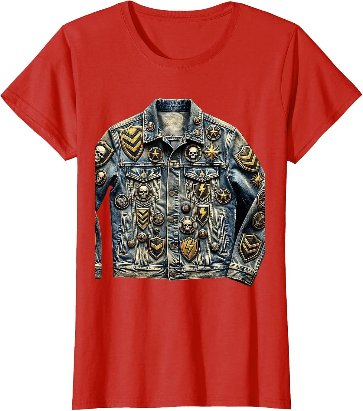 Patched Band Jacket Graphic Tee T-Shirt - Red