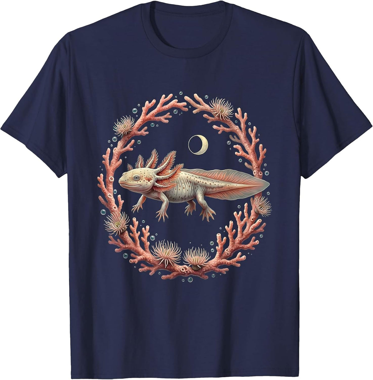 Axolotl Swimming Through Colorful Coral Reef T-Shirt - Navy Blue