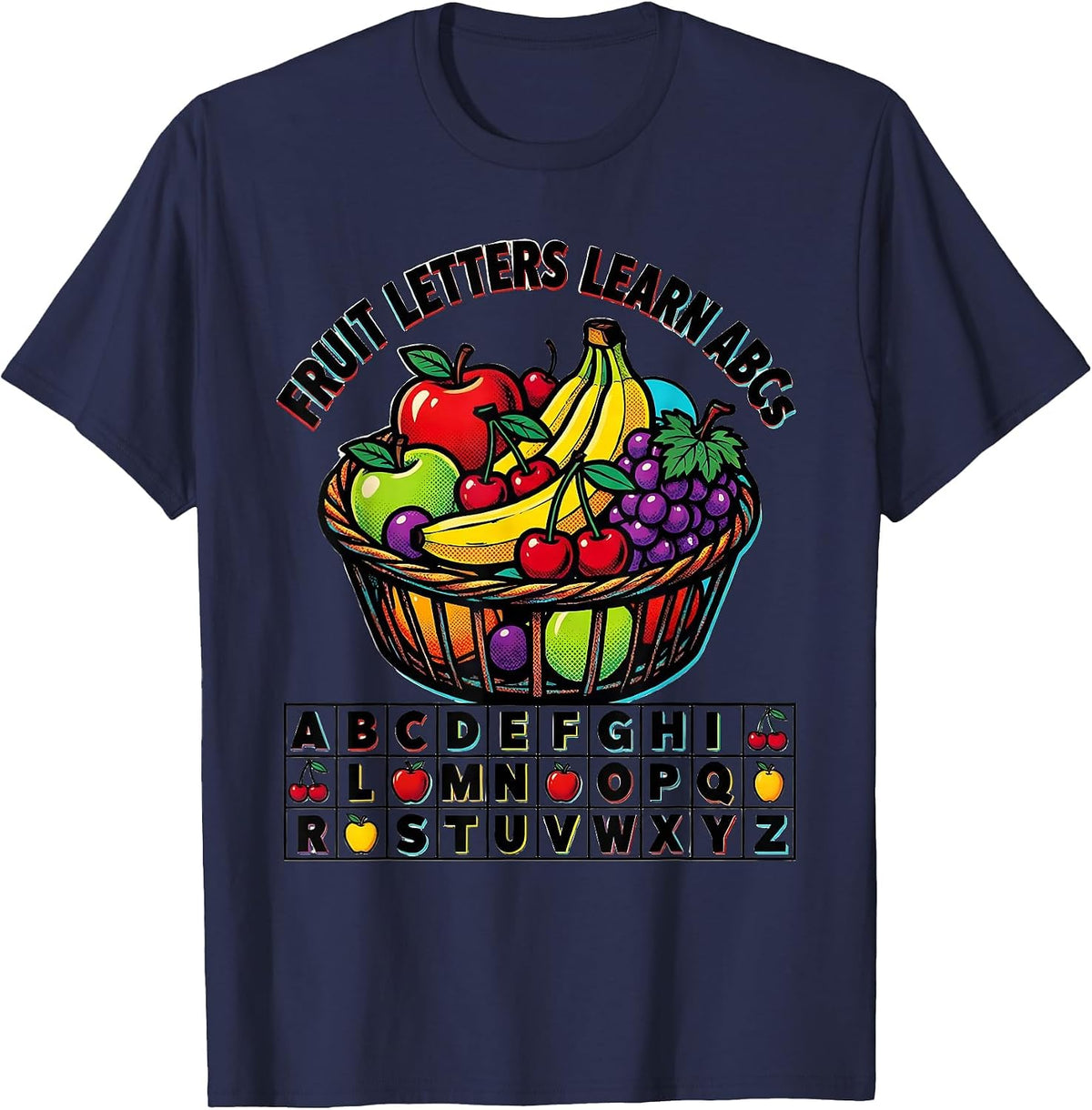Fruit Letters Learn ABCs Pop Art Teacher Preschool Alphabet T-Shirt - Navy Blue