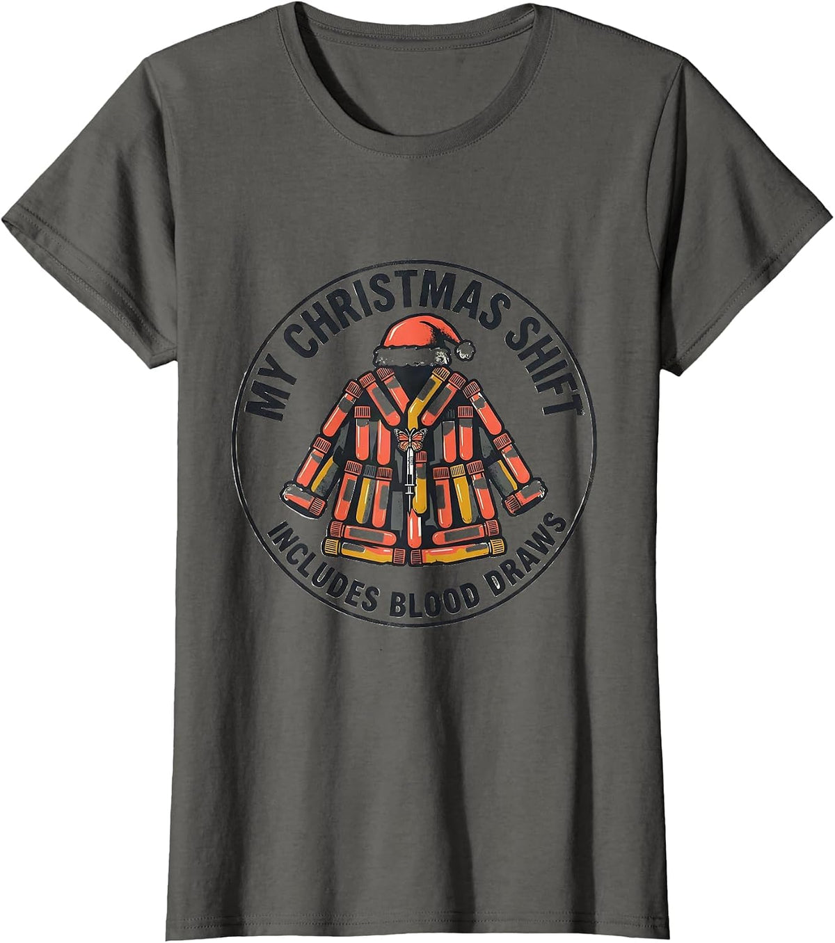 Women's My Christmas Shift Includes Blood Draws Phlebotomist T-Shirt - Asphalt Grey
