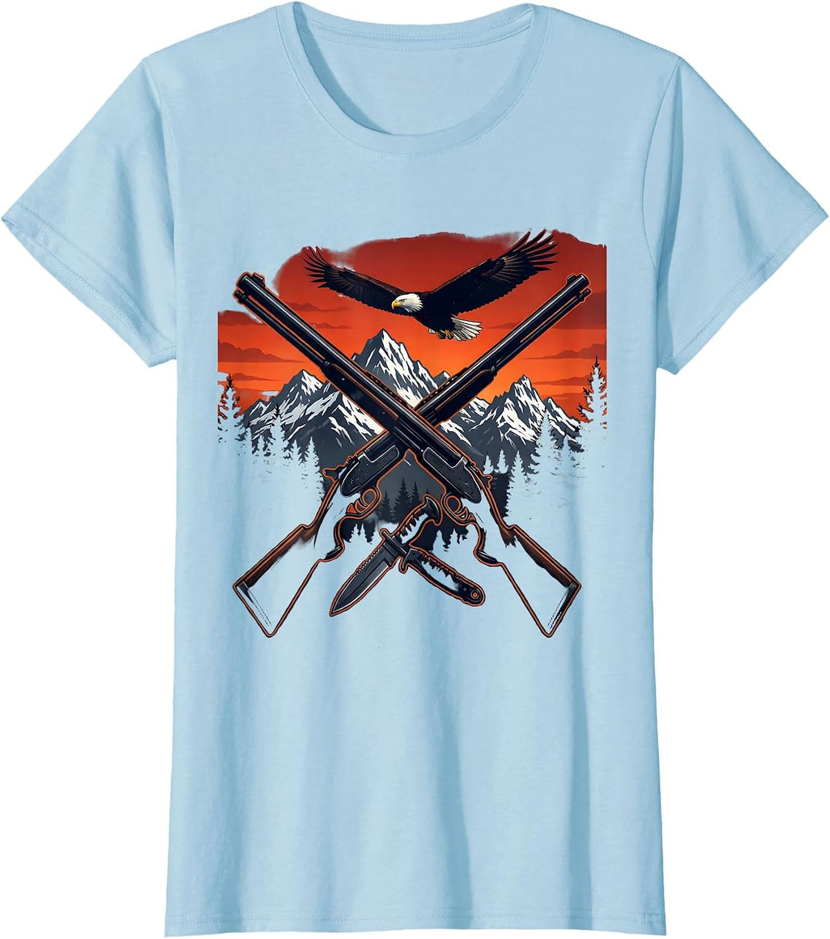 Patriotic Shotgun and Hunting Knife Crossed T-Shirt - Baby Blue