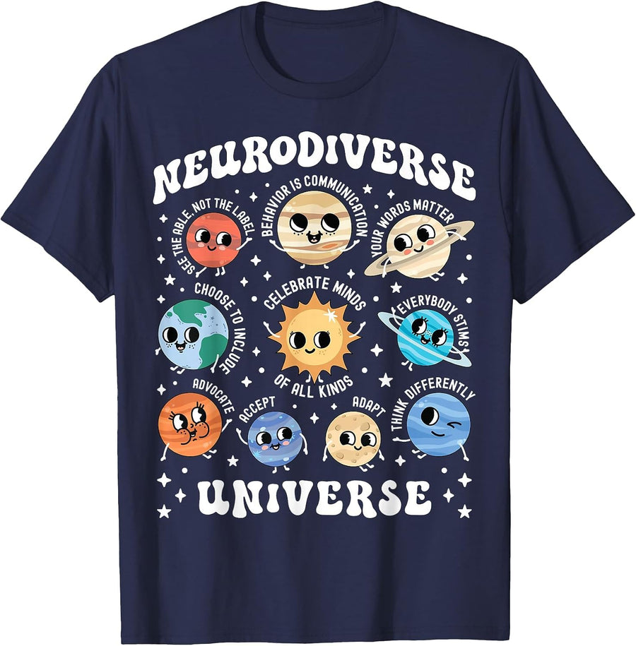 Neurodiverse Universe Space Planet Special Ed Teacher SPED T-Shirt - Navy Blue