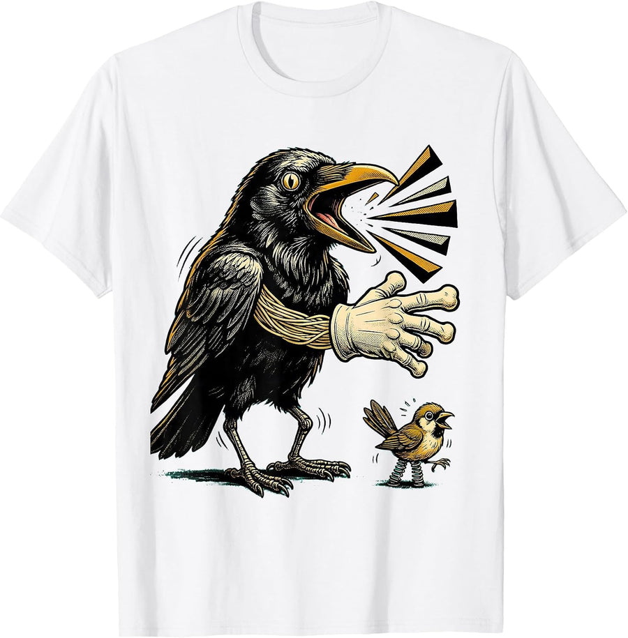 Men's Retro Cartoon Crow Bird Lover Dark Humor T-Shirt - White