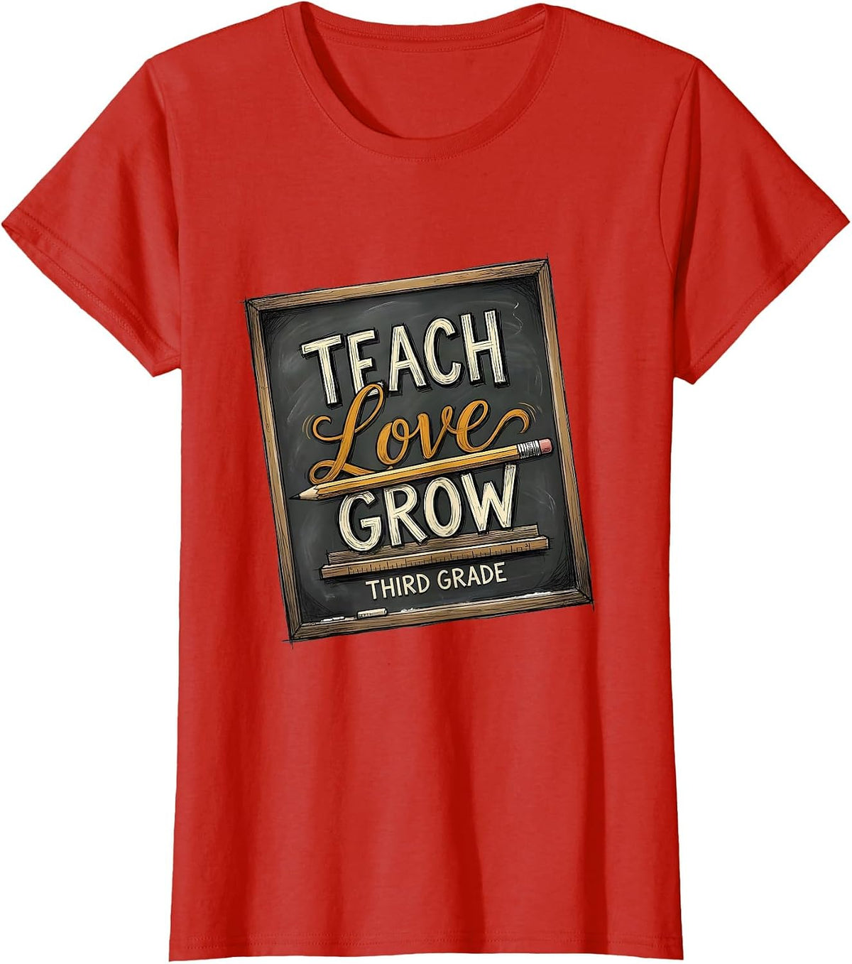 Teach Love Grow Third Grade Hand-Sketched Teacher Back T-Shirt - Red