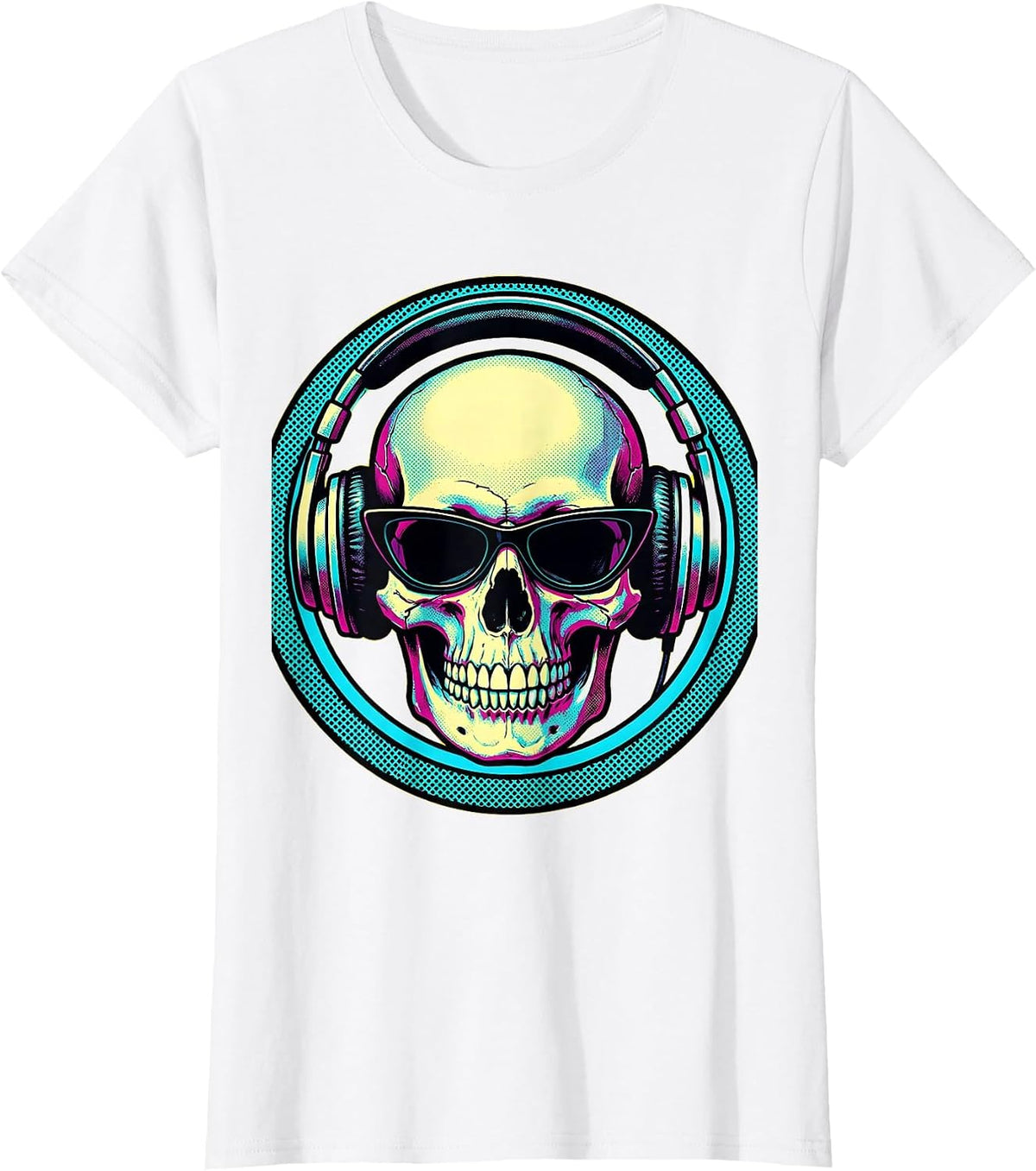 Skull Vintage Headphones Sunglasses Band Graphic T-Shirt - White