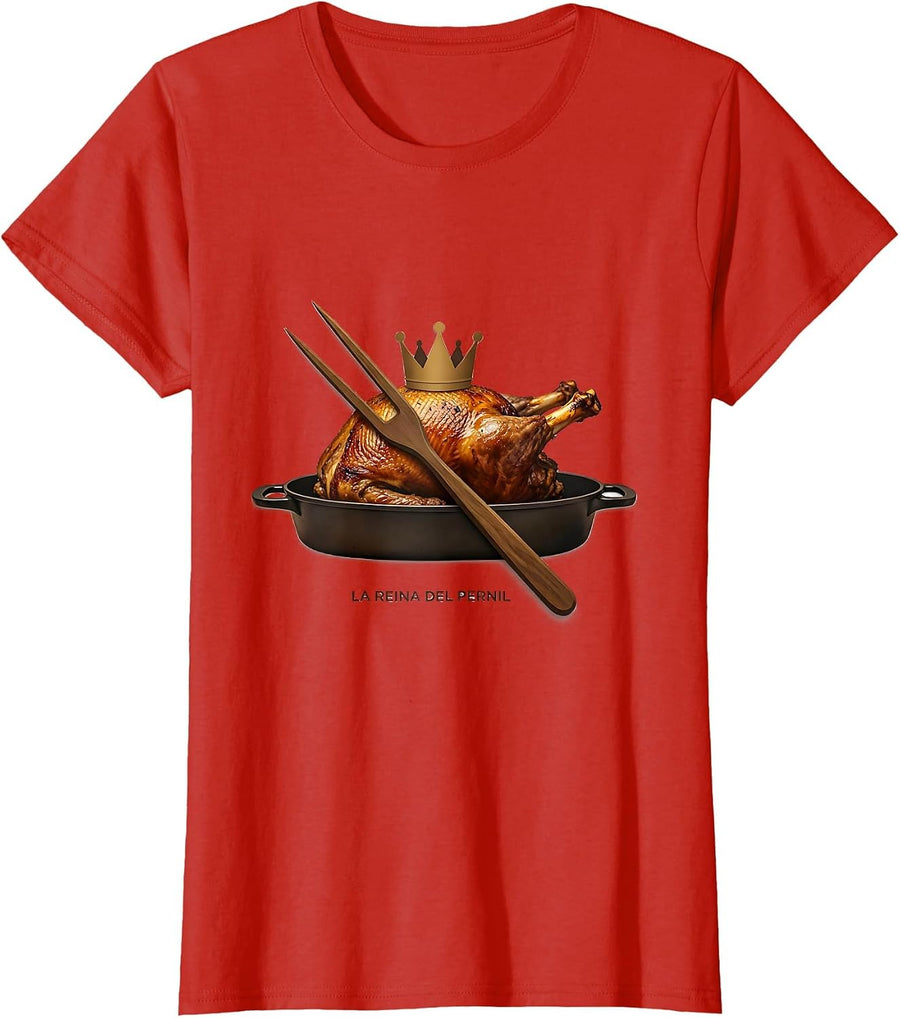 Women's La Reina Del Pernil Funny Latino Heritage Food Pun Humor T-Shirt - Red