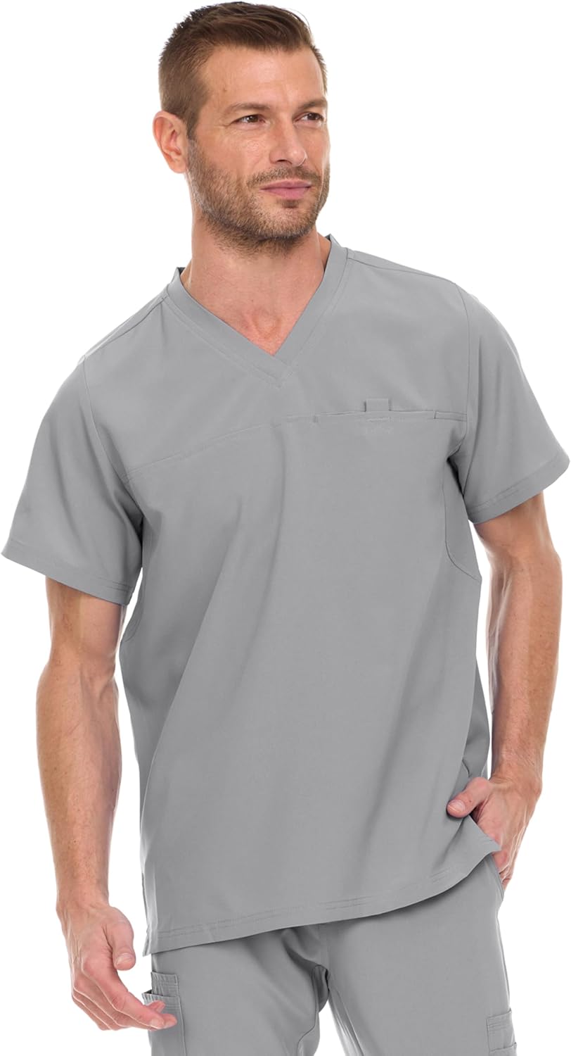 MediChic Men's V-Neck Hi-Low Top with One Chest Pocket and Mesh Gusset - Grey