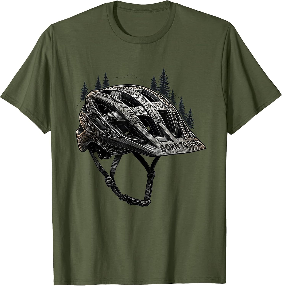 Born to Shred Mountain Bike Graphic Design T-Shirt - Olive Green