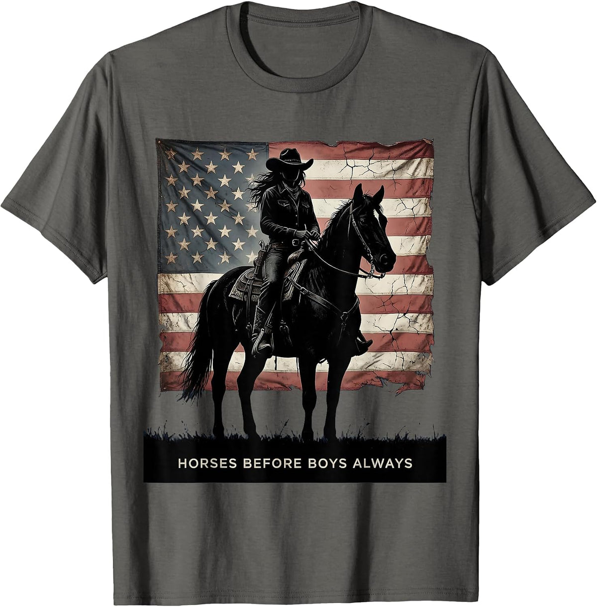 Horses Before Boys Always Cowgirl Design T-Shirt - Asphalt Grey