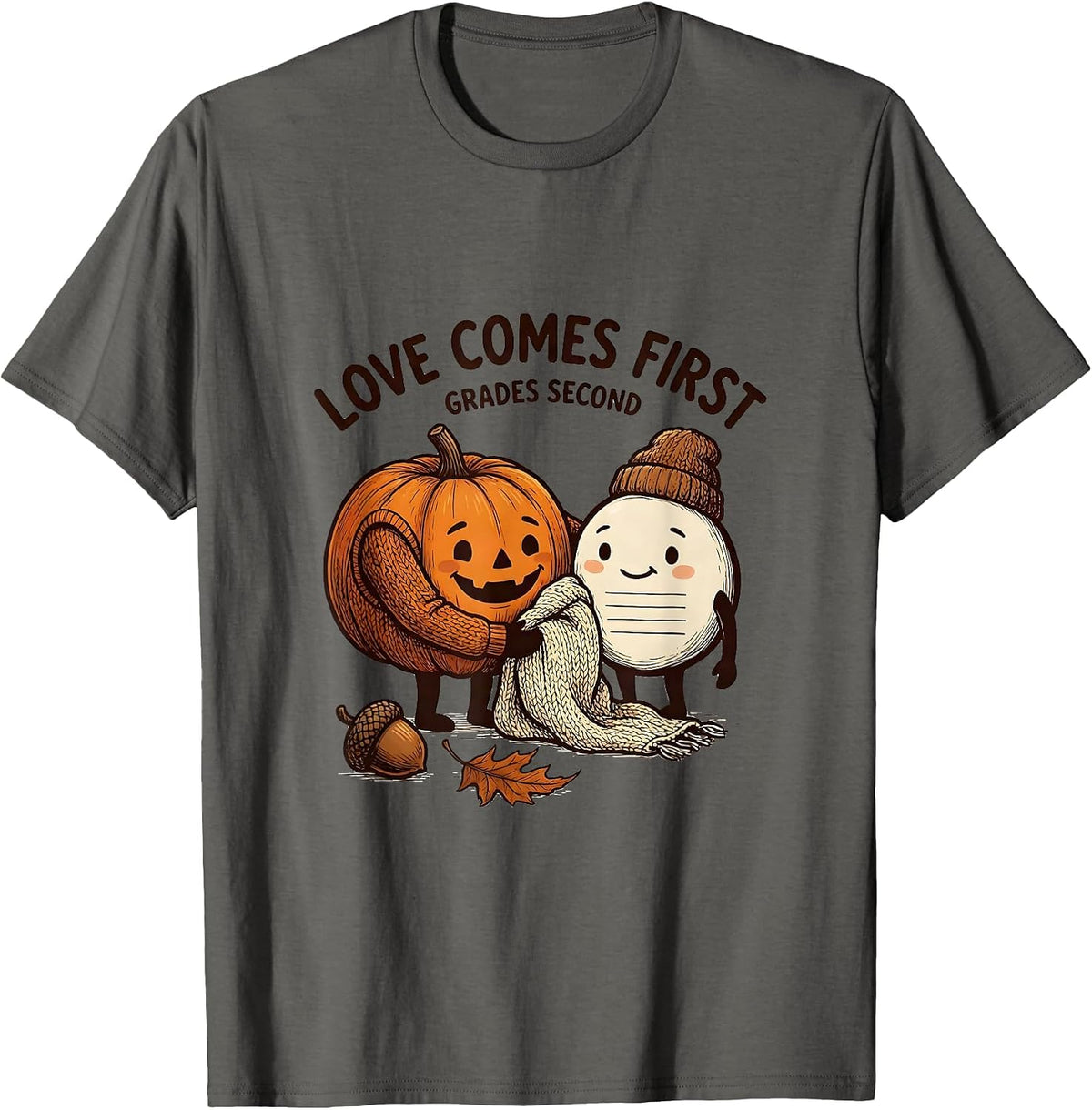 Men's Love Comes First Grades Second Autumn Teacher Classroom T-Shirt - Asphalt Grey