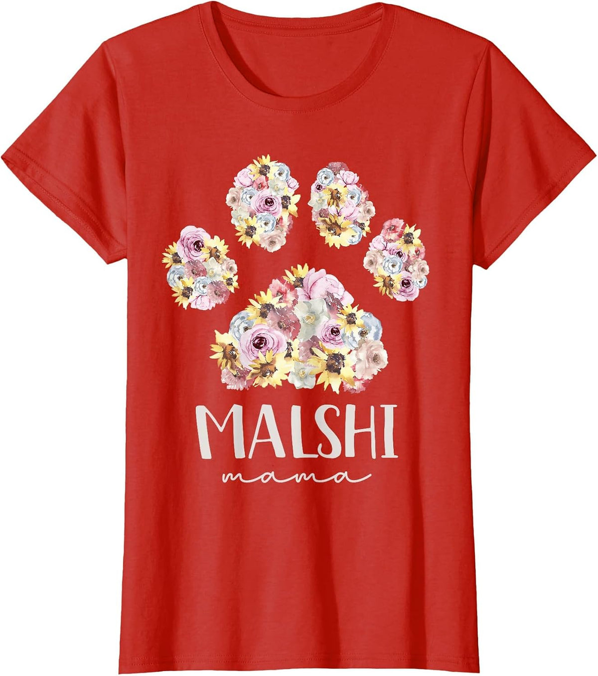 Malshi Mama Maltese Shih Tzu Floral Paw Dog Mom T-Shirt - Red