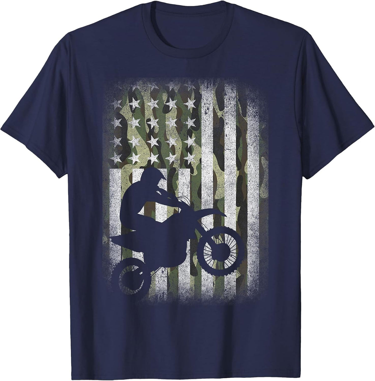 Camo Motocross Dirt Bike Racing Camouflage American US Flag T-Shirt - Navy Blue
