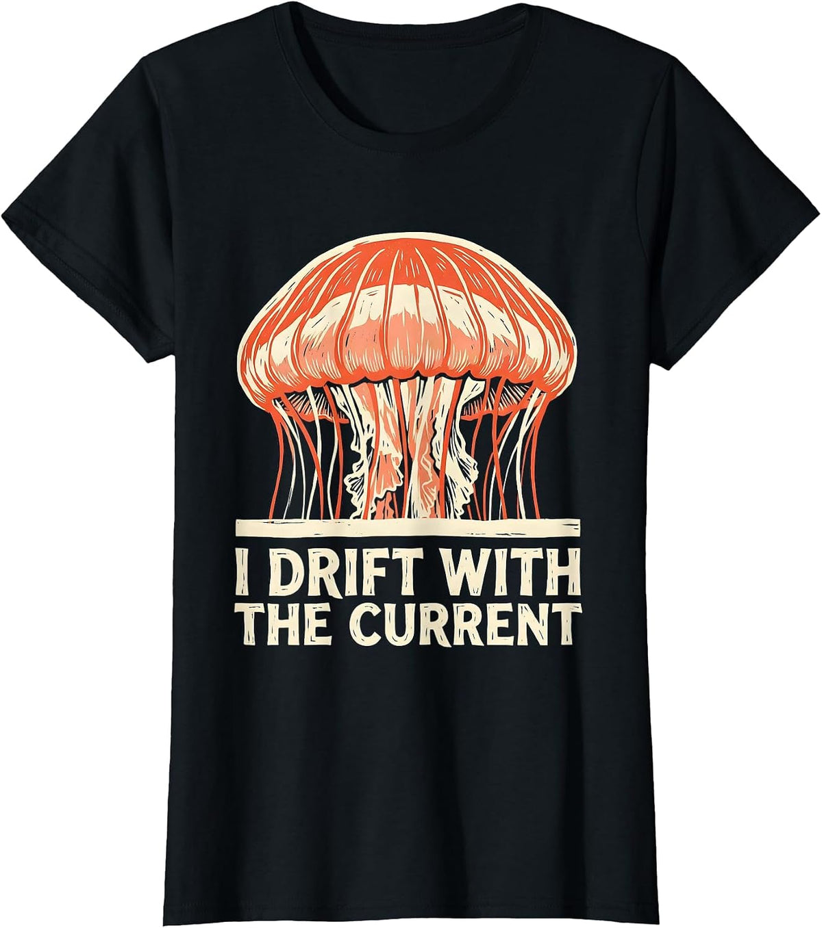 I Drift With The Current Linocut Jellyfish Ocean Lover T-Shirt - Black