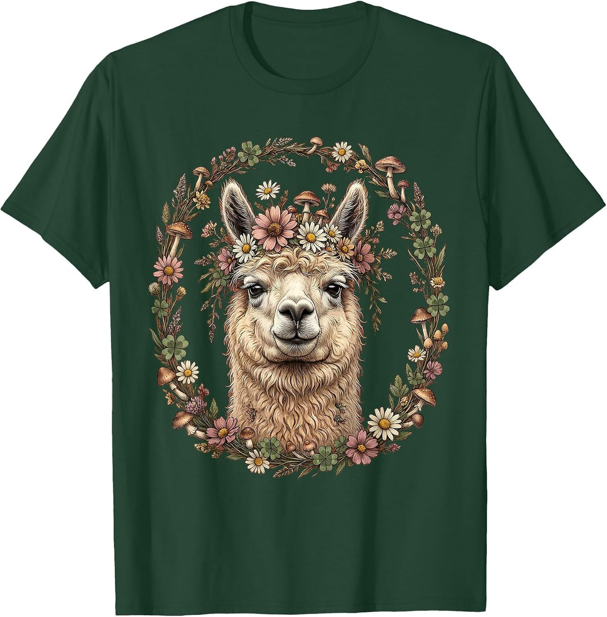 Men's Llama Flower Crown Eye Roll Funny Illustration T-Shirt - Dark Green