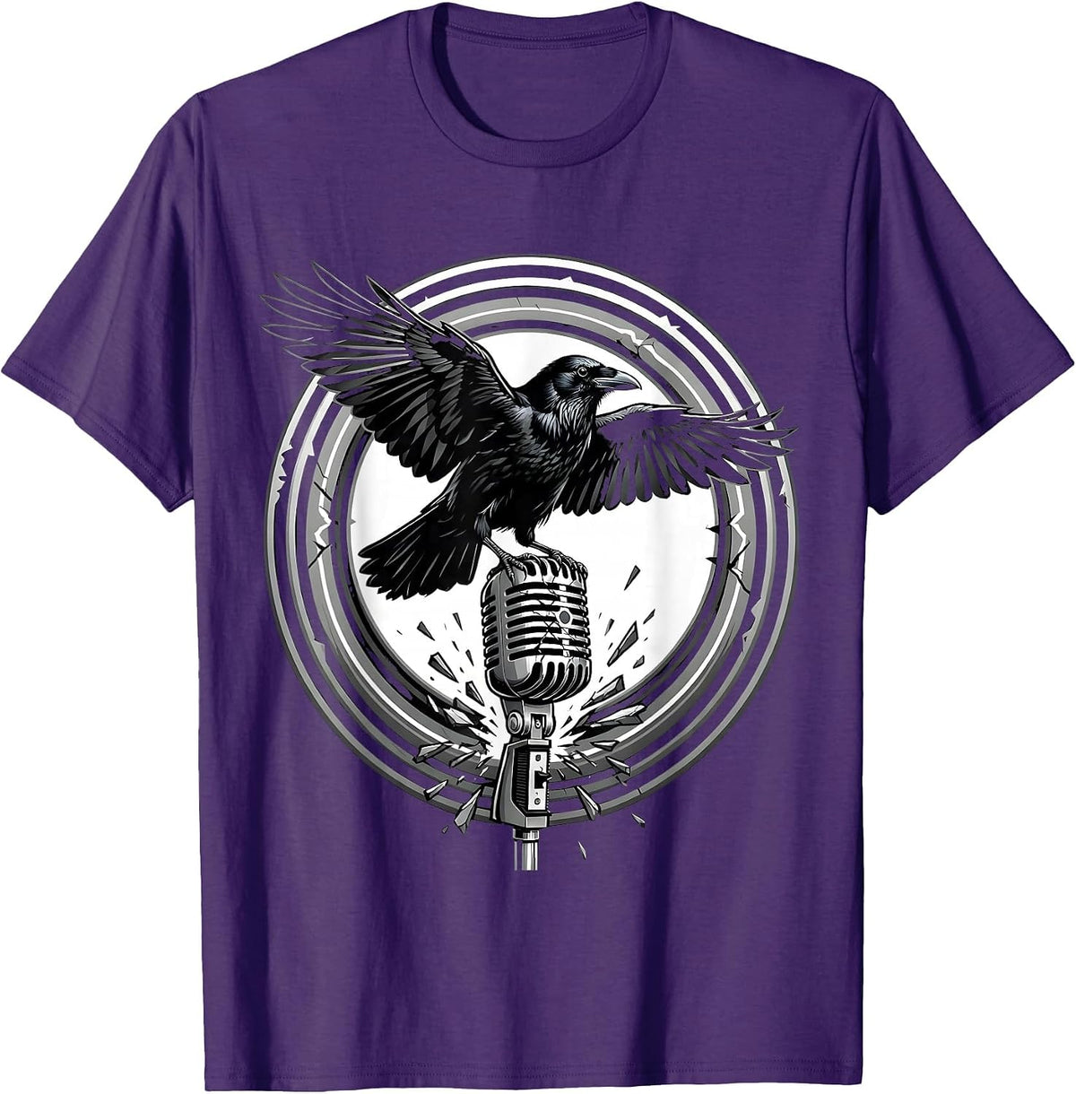 Crow on Broken Mic Punk Rock Graphic Design T-Shirt - Purple