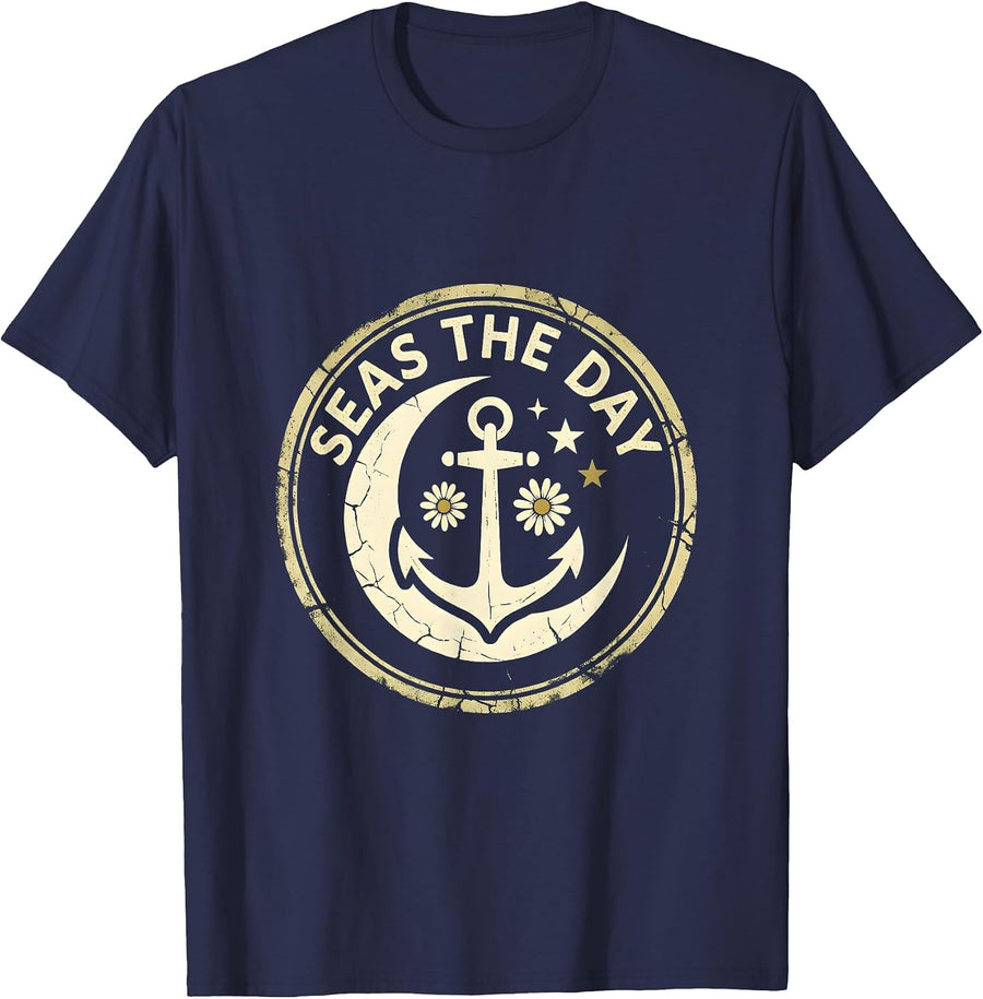 Seas the Day Nautical Sailor Design T-Shirt - Navy Blue