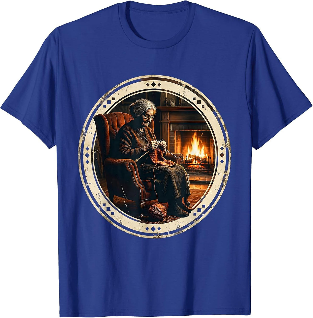 Grandma Knitting by the Fireplace Graphic T-Shirt - Royal Blue