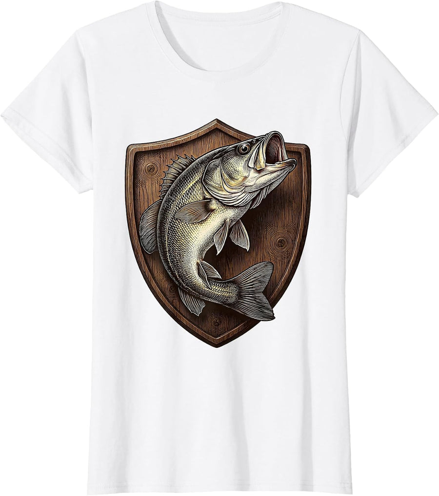 Women's Trophy Bass Mounted Plaque Fishing Graphic T-Shirt - White