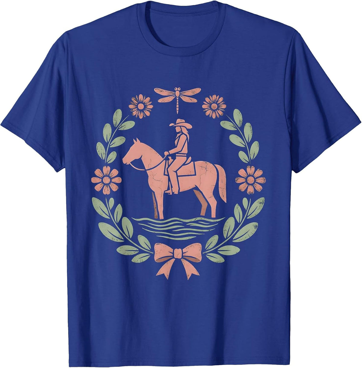 Cowgirl on Horseback River Crossing Illustration T-Shirt - Royal Blue
