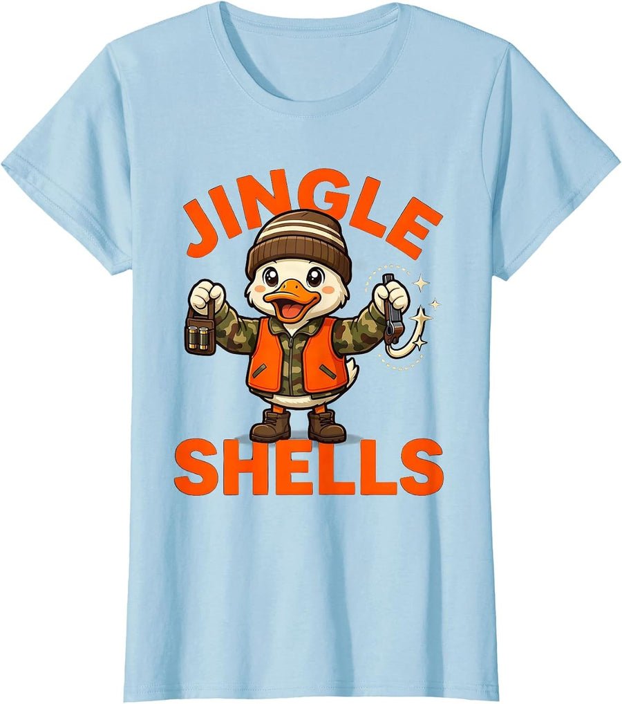 Women's JINGLE SHELLS Funny Duck Hunter Christmas Hunting Gift T-Shirt - Baby Blue