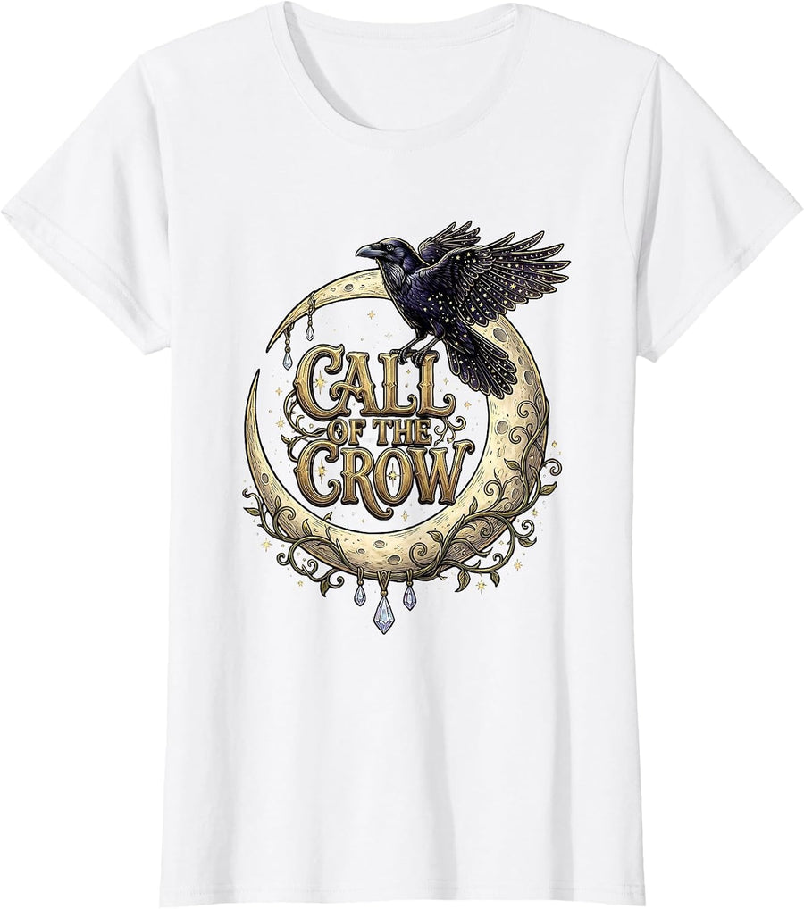 Women's Call of the Crow Nature Bird Graphic Design T-Shirt - White