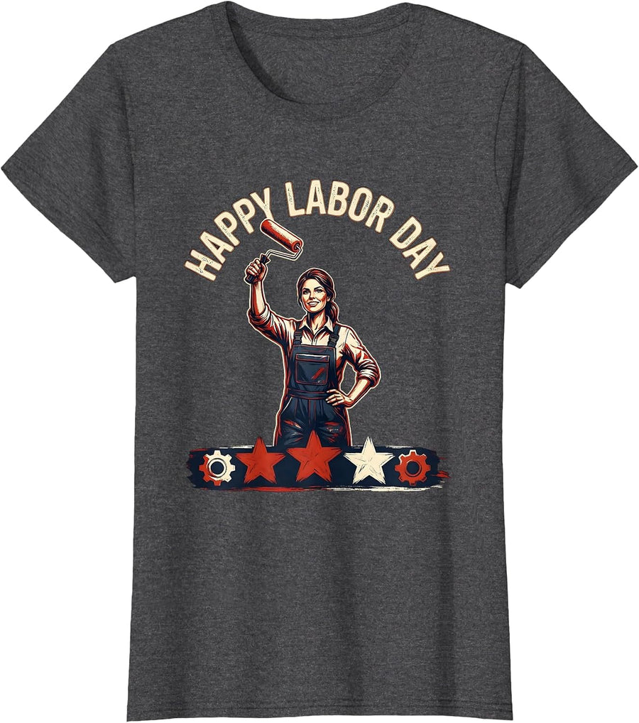 Women's Happy Labor Day Patriotic Woman Emblem Labor Day Weekend T-Shirt - Dark Heather Grey
