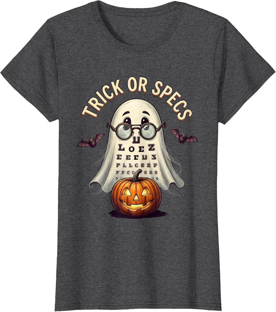 Women's Trick or Specs Funny Optometrist Halloween Eye Doctor T-Shirt - Dark Heather Grey