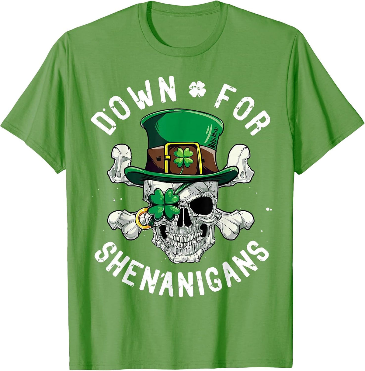 Pirate Skull St Patricks Day Leprechaun Down for Shenanigans T-Shirt - Grass Green