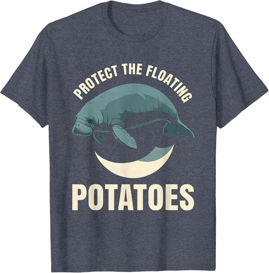 Protect The Floating Potatoes Funny Manatee Sea Cow Pun T-Shirt - Heather Blue