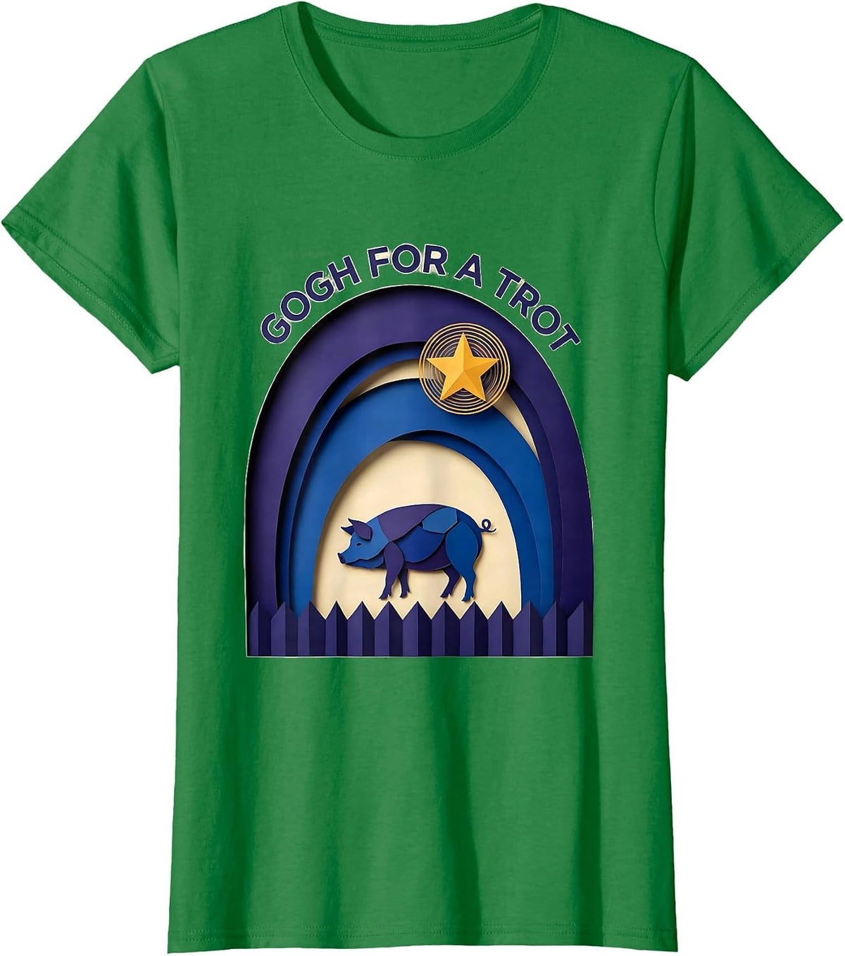 Women's Gogh For A Trot Paper Cutout Van Gogh Art Parody Animal T-Shirt - Kelly Green