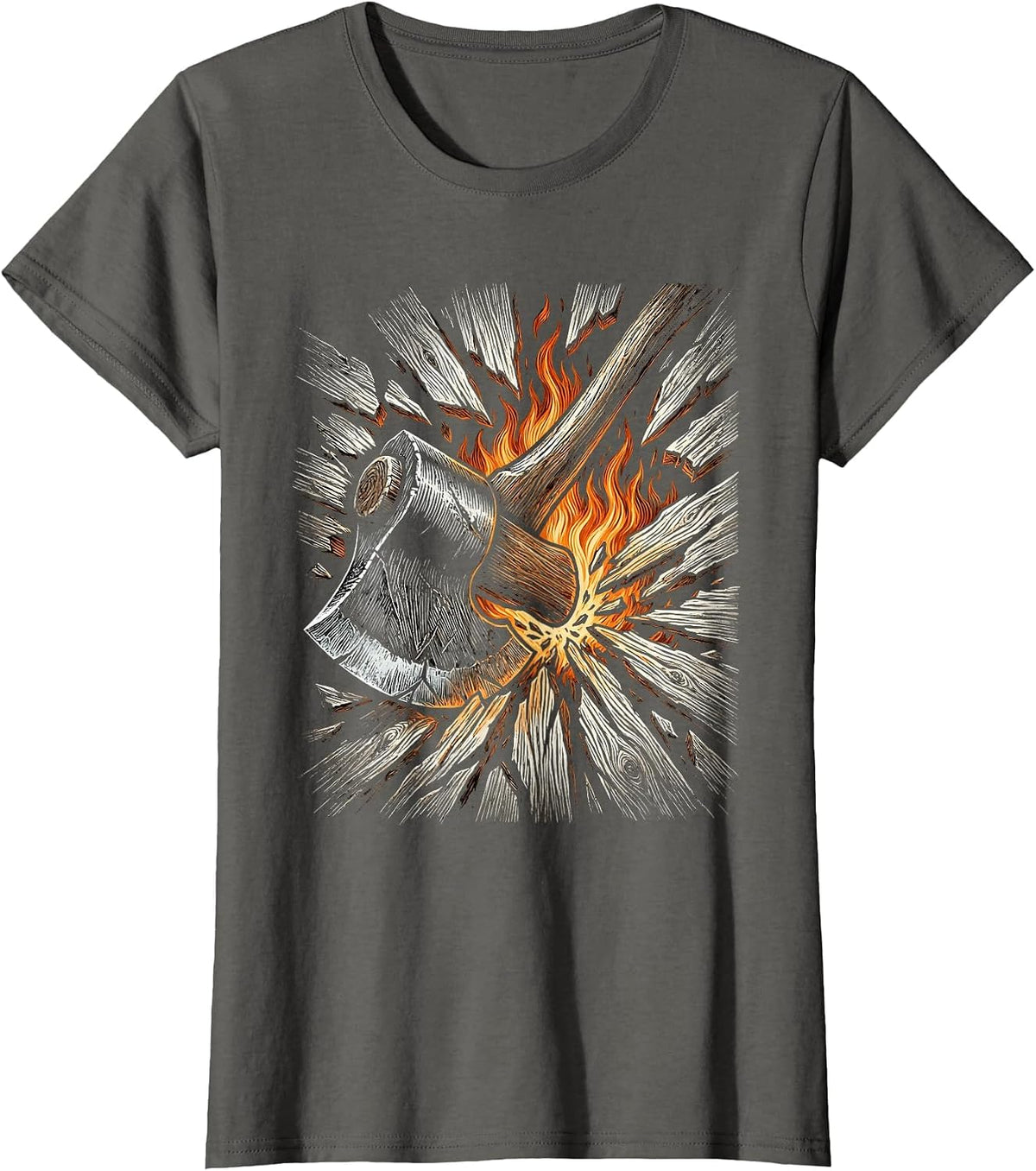 Women's Firefighter Axe Splitting Burning Door Graphic Tee T-Shirt - Asphalt Grey