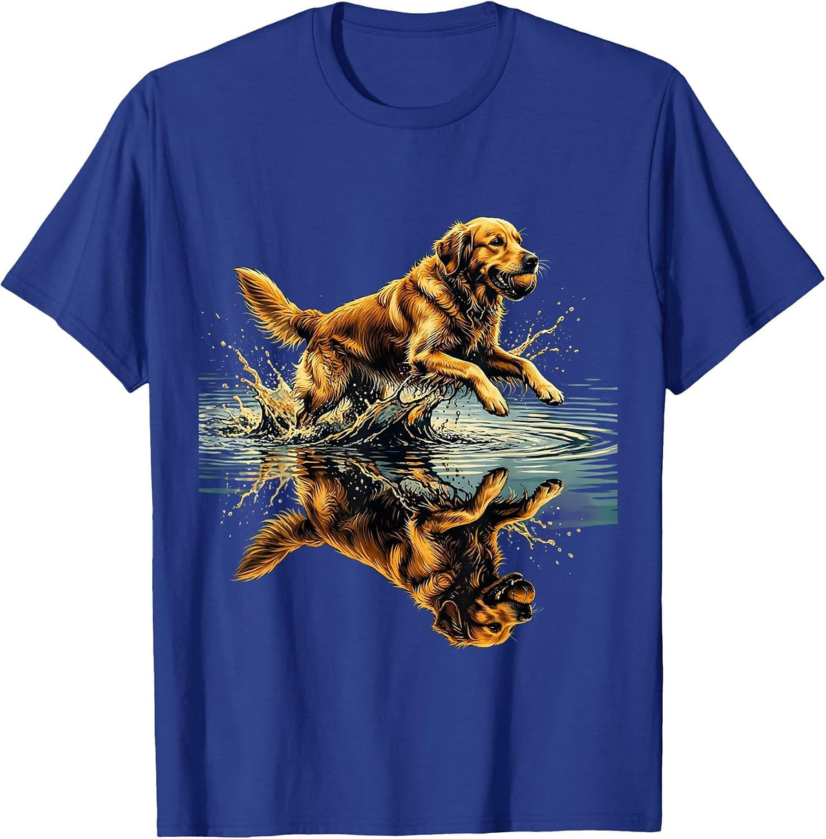Golden Retriever Fetching Tennis Ball in River T-Shirt - Royal Blue